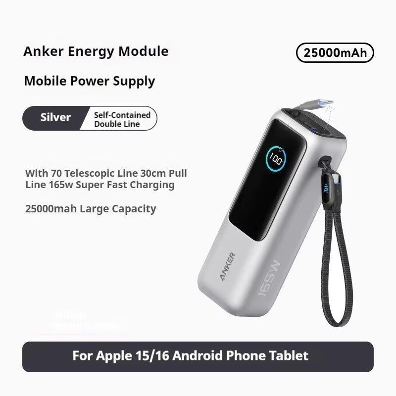 Anker Zolo 25000Mah Power Bank 165W PD Fast Charging with Built-In Retractable Cables Mobile Power for Iphone16 Macbook Laptop